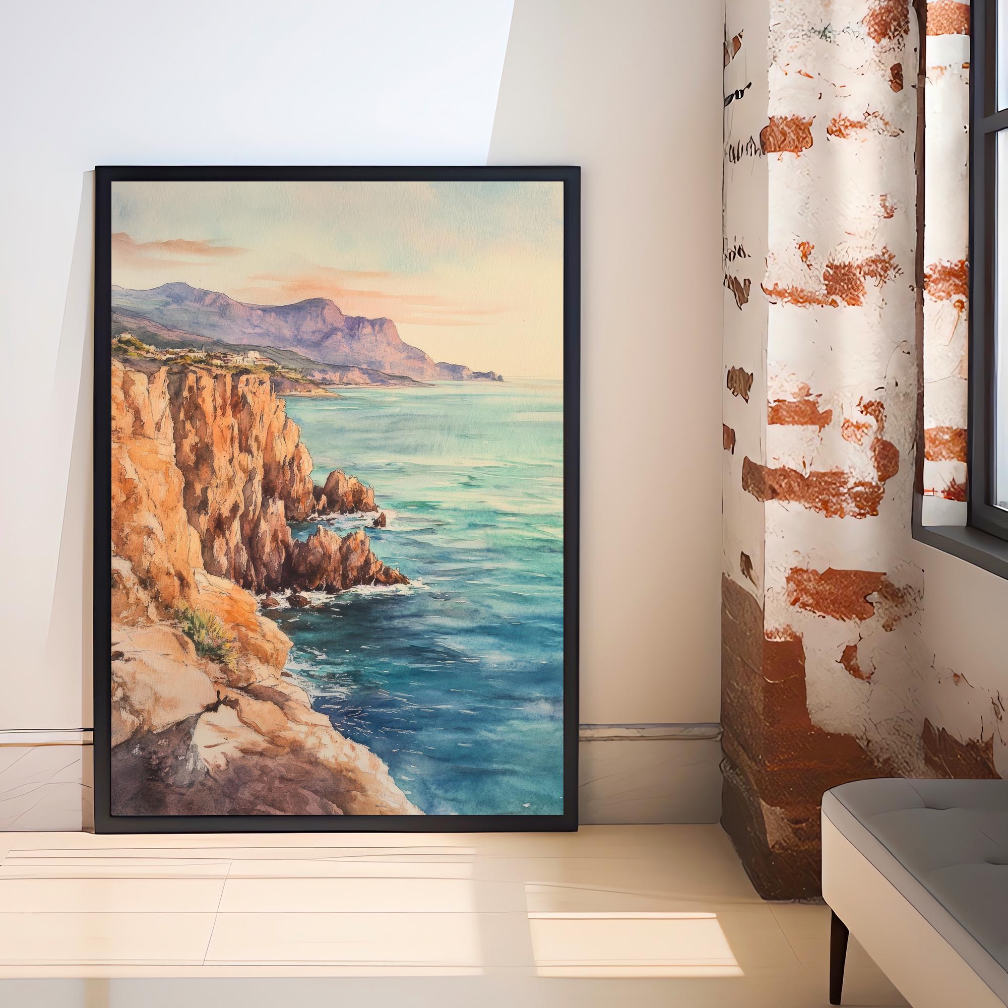Sunset Cliffs Watercolor Painting Coastal Art Sunset Beach Print Seascape Watercolor Scenic Cliffs Wall Art