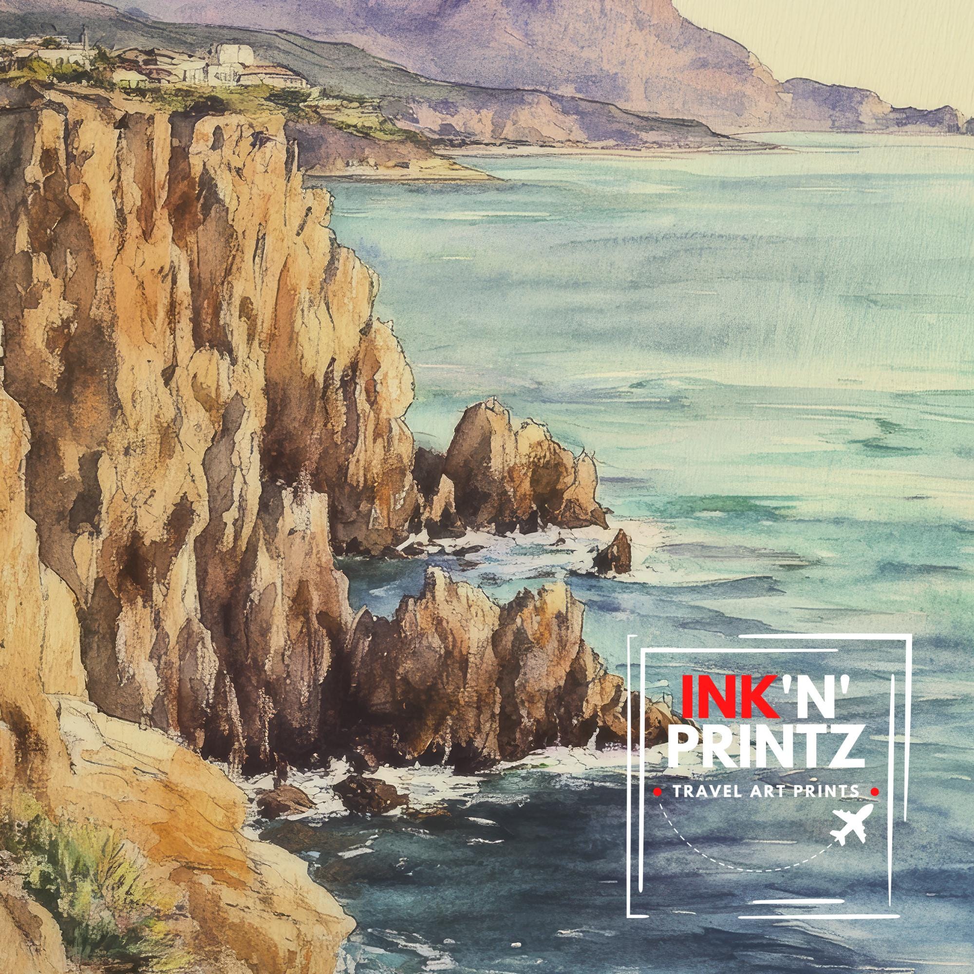 Sunset Cliffs Watercolor Painting Coastal Art Sunset Beach Print Seascape Watercolor Scenic Cliffs Wall Art