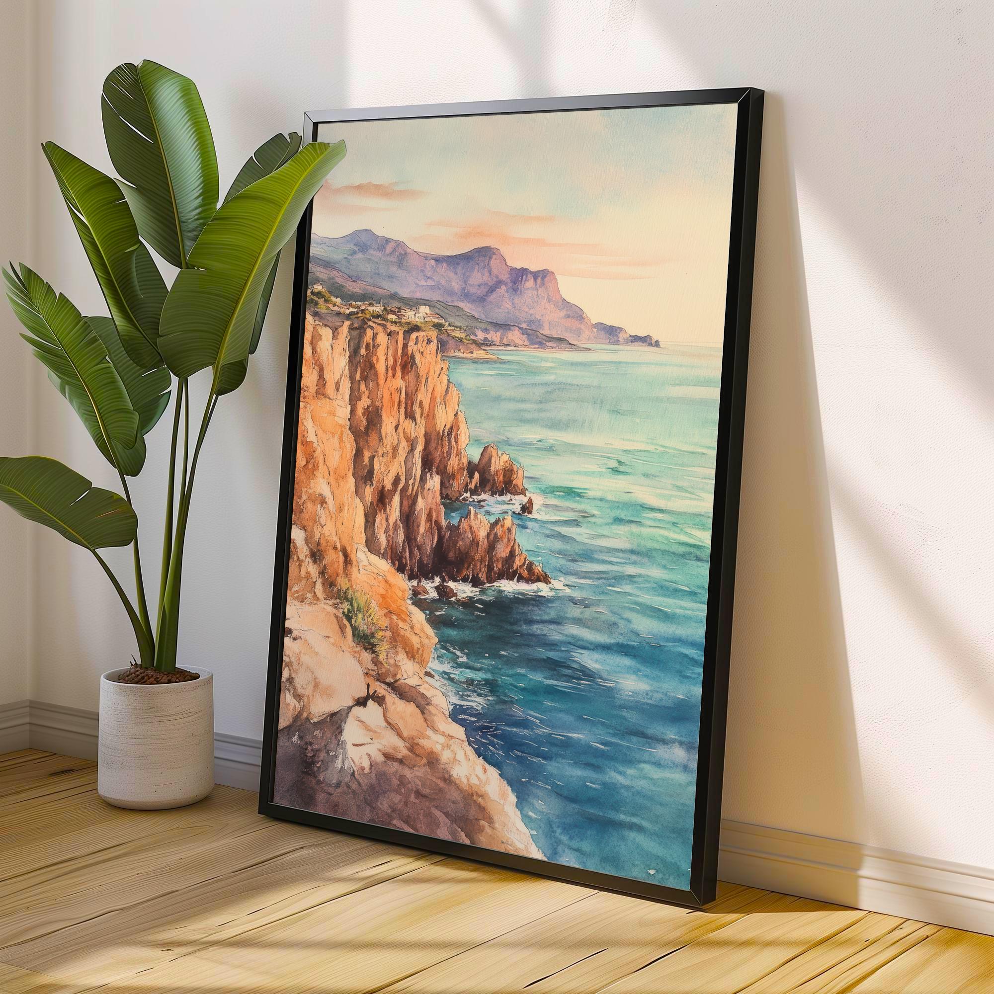 Sunset Cliffs Watercolor Painting Coastal Art Sunset Beach Print Seascape Watercolor Scenic Cliffs Wall Art