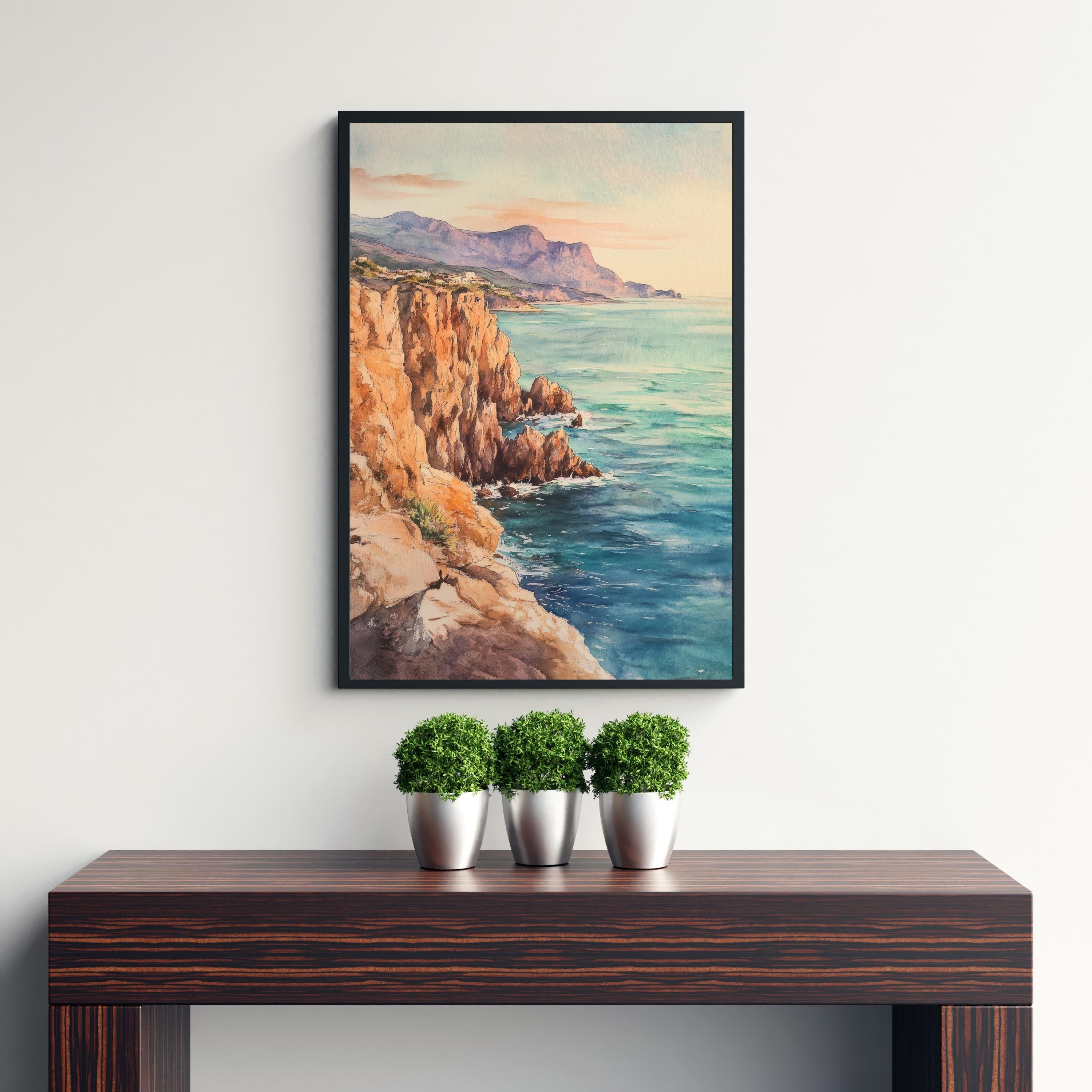 Sunset Cliffs Watercolor Painting Coastal Art Sunset Beach Print Seascape Watercolor Scenic Cliffs Wall Art