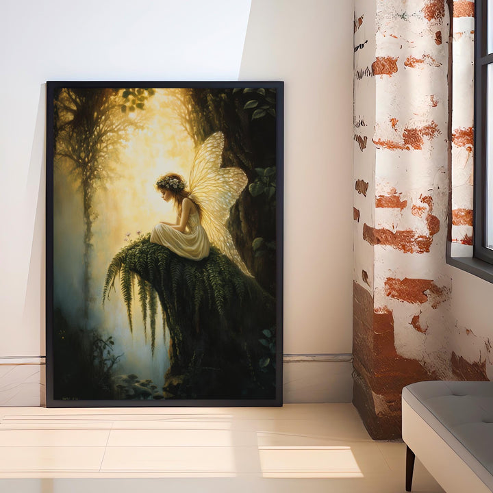 Fairy Sitting on Fern Art Print Cottagecore & Dark Academia Decor Whimsical Woodland Wall Art Vintage Nature Poster for Enchanted Interiors