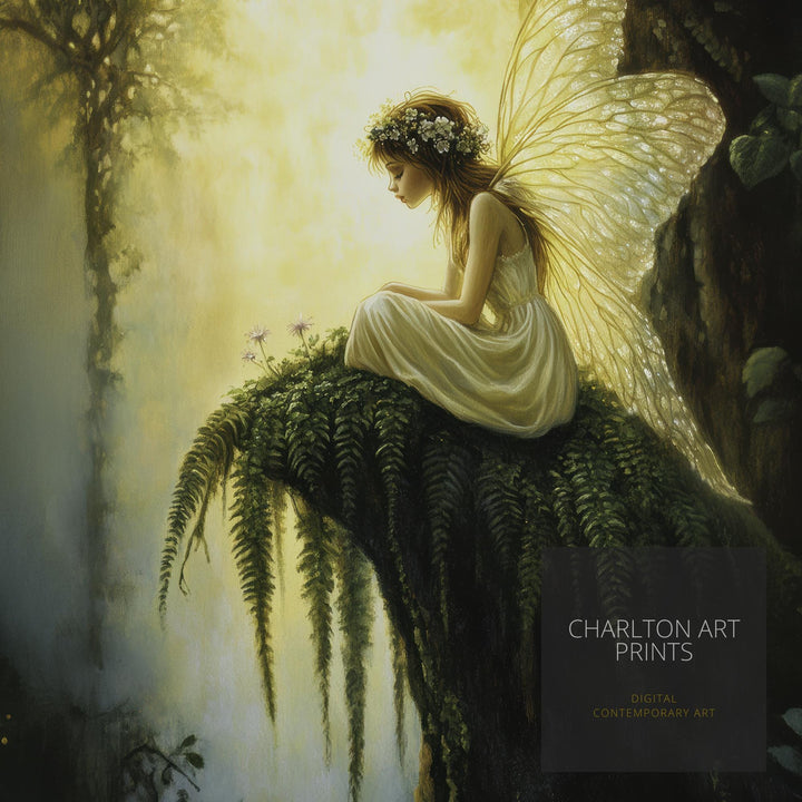 Fairy Sitting on Fern Art Print Cottagecore & Dark Academia Decor Whimsical Woodland Wall Art Vintage Nature Poster for Enchanted Interiors