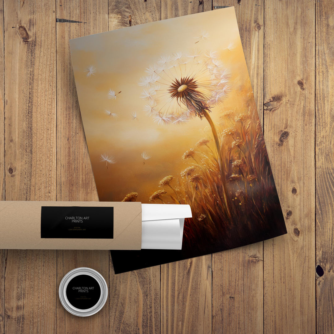 Dandelion Seeds Floating Art Print Cottagecore Decor Whimsical Nature Wall Art Vintage Botanical Poster for Rustic Home and Nature Inspired