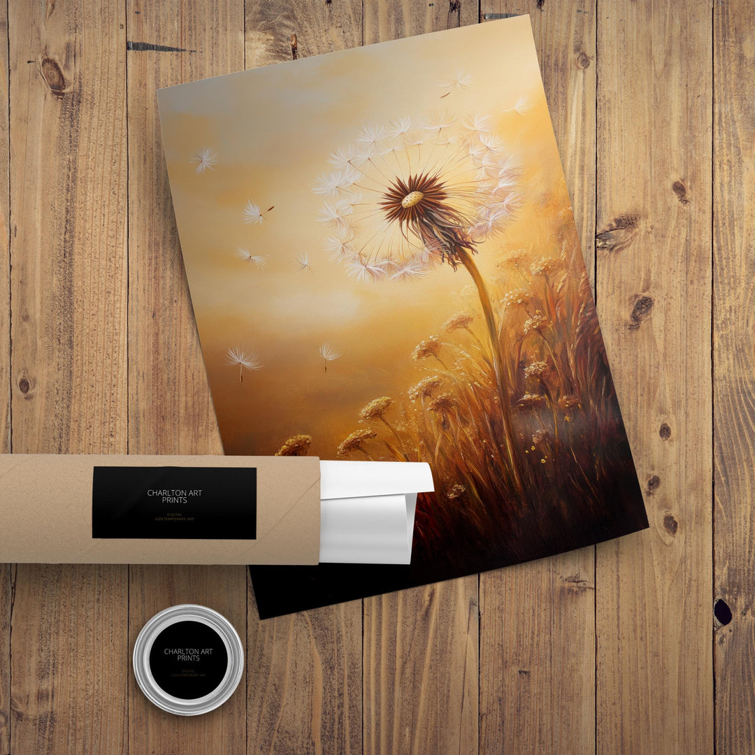 Dandelion Seeds Floating Art Print Cottagecore Decor Whimsical Nature Wall Art Vintage Botanical Poster for Rustic Home and Nature Inspired