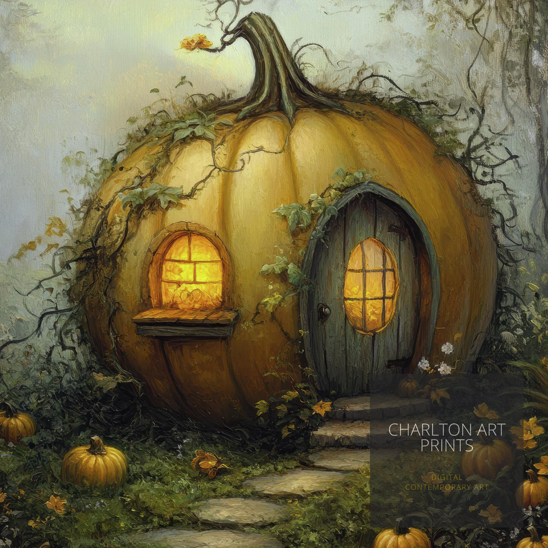 Pumpkin Patch Cottage Art Print Cottagecore Decor Rustic Autumn Wall Art Vintage Nature Poster for Cozy Homes and Seasonal Inspired Spaces