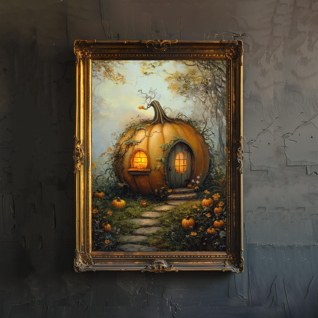 Pumpkin Patch Cottage Art Print Cottagecore Decor Rustic Autumn Wall Art Vintage Nature Poster for Cozy Homes and Seasonal Inspired Spaces