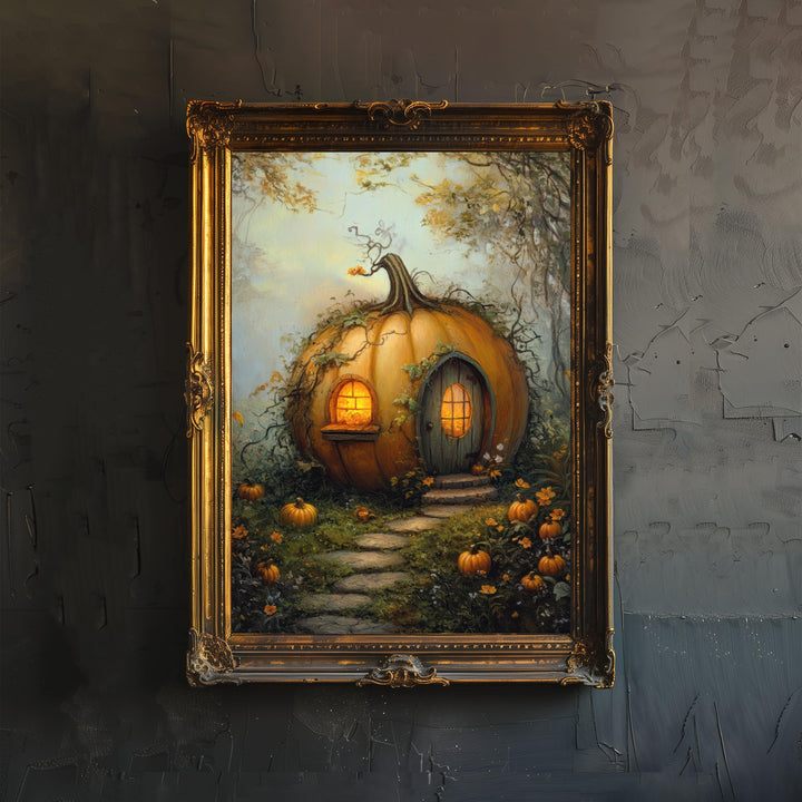 Pumpkin Patch Cottage Art Print Cottagecore Decor Rustic Autumn Wall Art Vintage Nature Poster for Cozy Homes and Seasonal Inspired Spaces