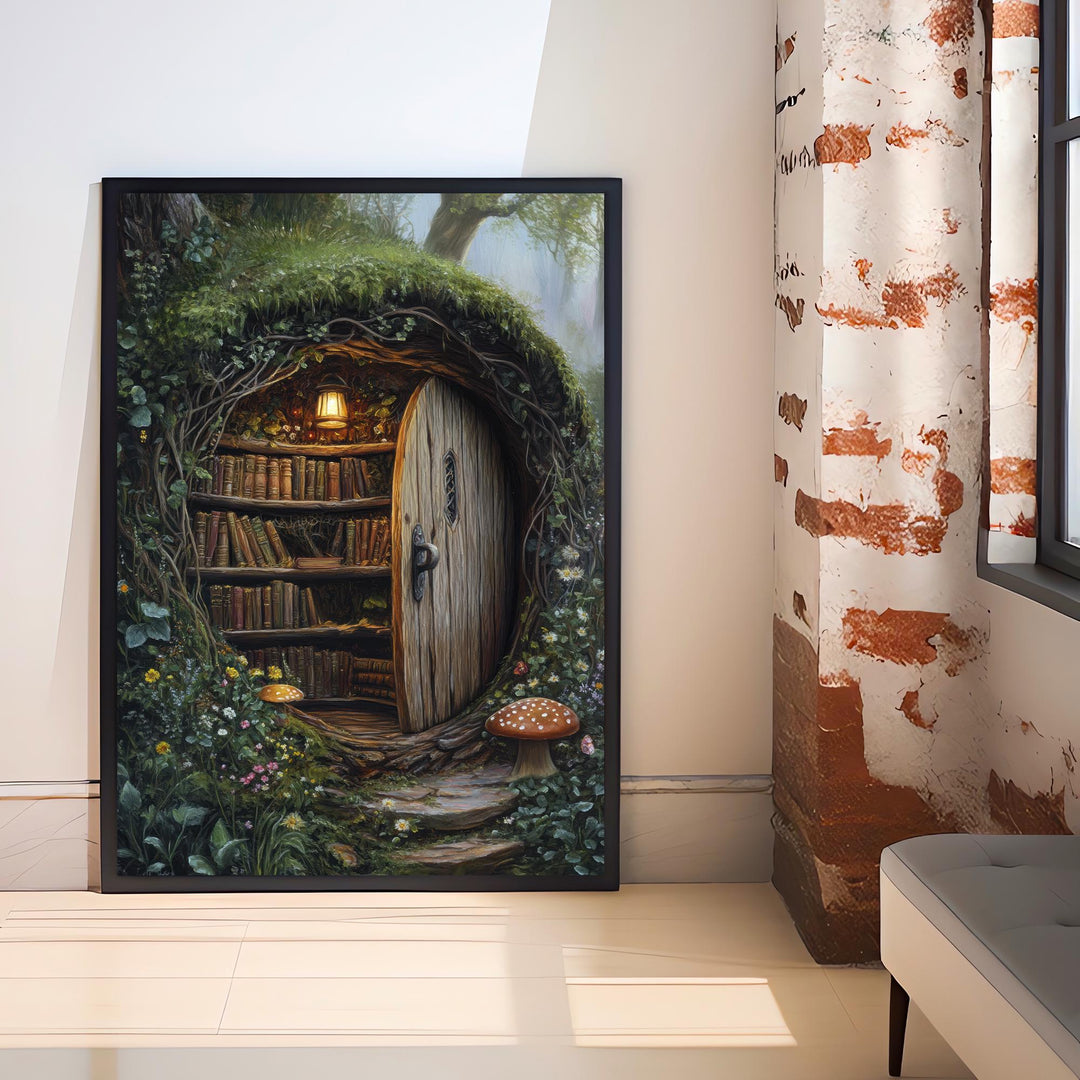 Moss Covered Library Art Print Cottagecore Decor Enchanted Bookish Wall Art Vintage Nature Poster for Cozy Homes and Nature Inspired Spaces