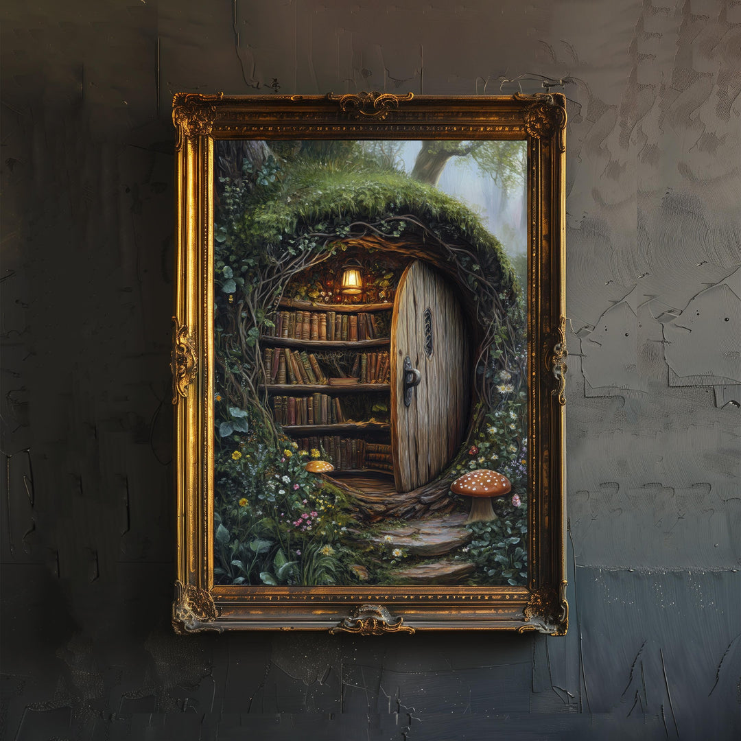 Moss Covered Library Art Print Cottagecore Decor Enchanted Bookish Wall Art Vintage Nature Poster for Cozy Homes and Nature Inspired Spaces
