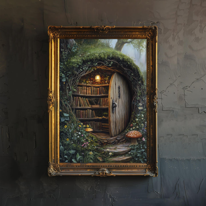 Moss Covered Library Art Print Cottagecore Decor Enchanted Bookish Wall Art Vintage Nature Poster for Cozy Homes and Nature Inspired Spaces