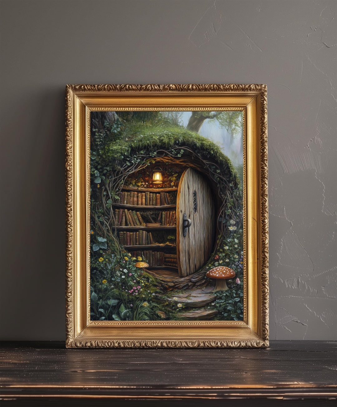Moss Covered Library Art Print Cottagecore Decor Enchanted Bookish Wall Art Vintage Nature Poster for Cozy Homes and Nature Inspired Spaces