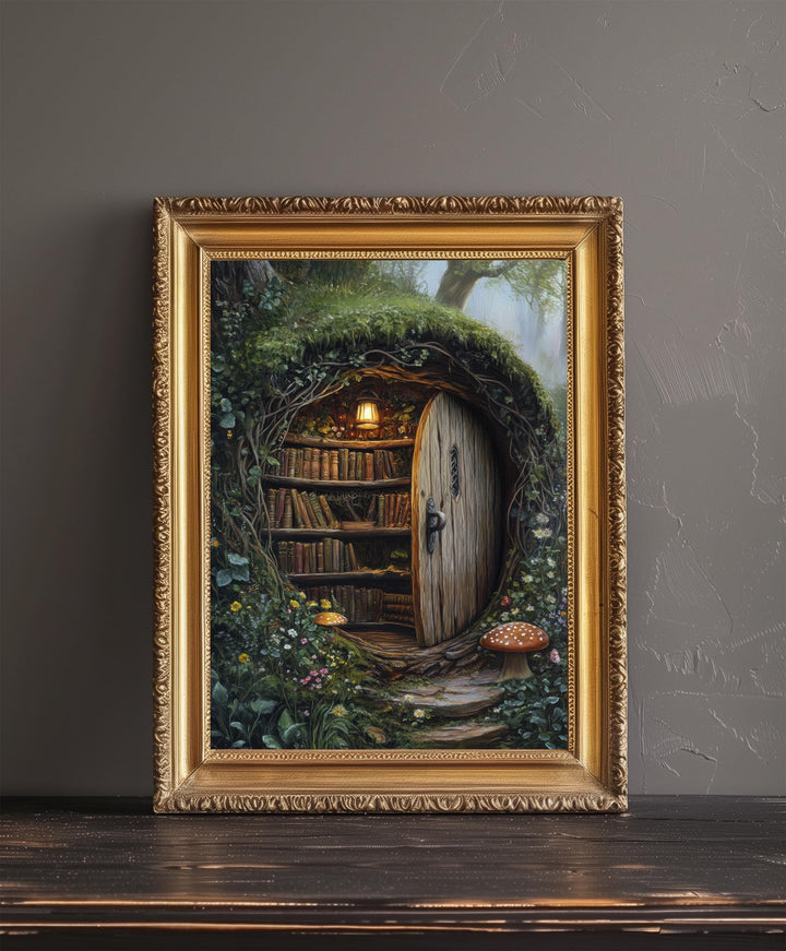 Moss Covered Library Art Print Cottagecore Decor Enchanted Bookish Wall Art Vintage Nature Poster for Cozy Homes and Nature Inspired Spaces