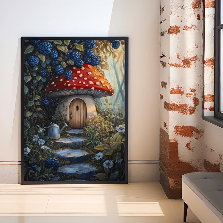 Fairycore Blueberry Thicket House Art Print Cottagecore Decor Whimsical Woodland Wall Art Vintage Nature Poster for Cozy Homes and Garden