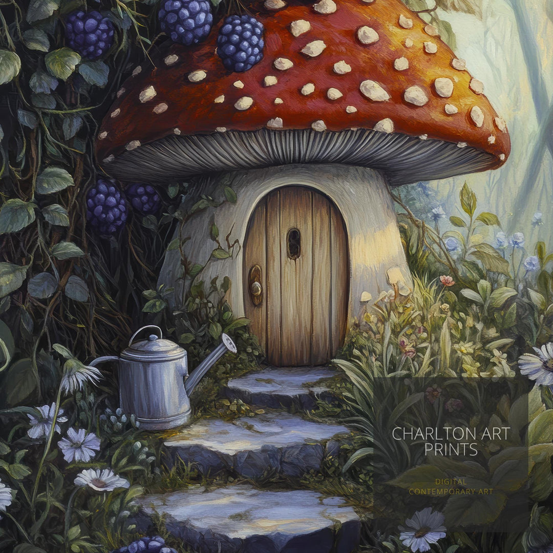 Fairycore Blueberry Thicket House Art Print Cottagecore Decor Whimsical Woodland Wall Art Vintage Nature Poster for Cozy Homes and Garden