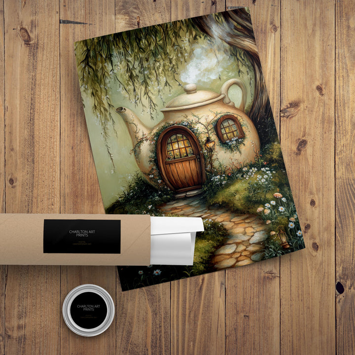 Teacup Fairycore House Art Print Cottagecore Decor Whimsical Garden Wall Art Vintage Nature Poster for Cozy Homes and Storybook Inspired
