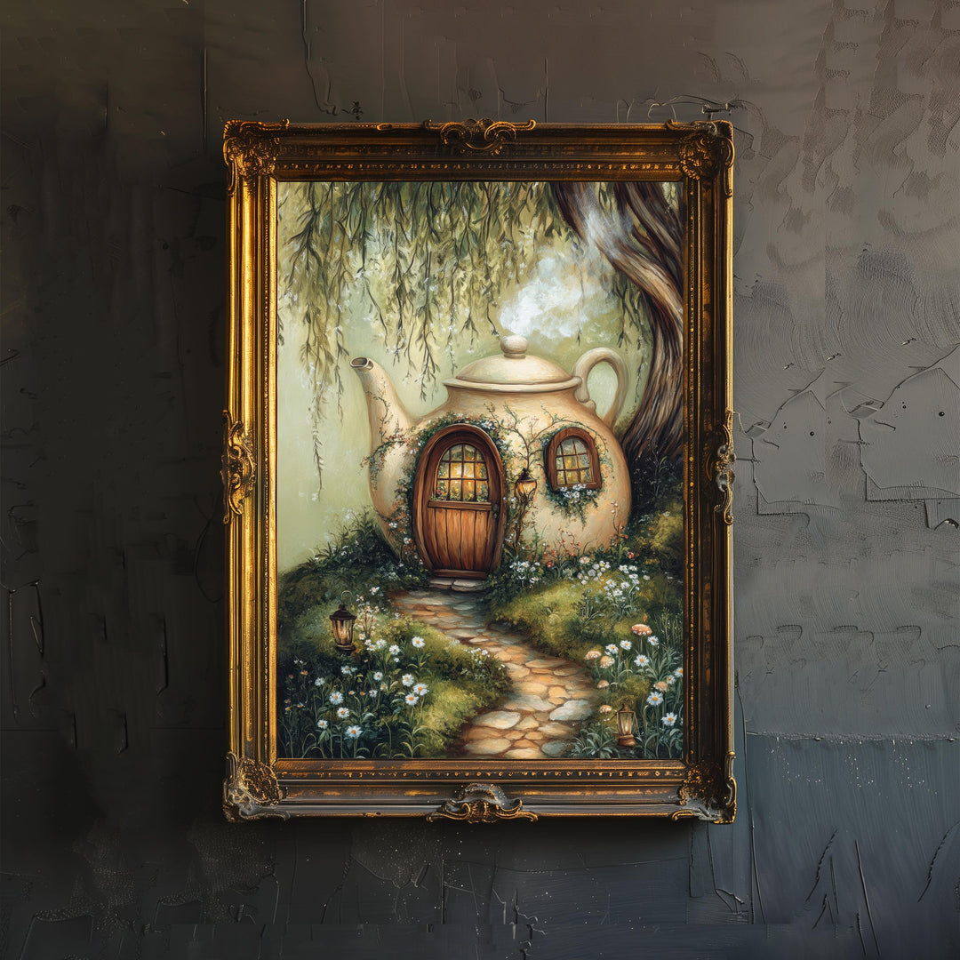 Teacup Fairycore House Art Print Cottagecore Decor Whimsical Garden Wall Art Vintage Nature Poster for Cozy Homes and Storybook Inspired