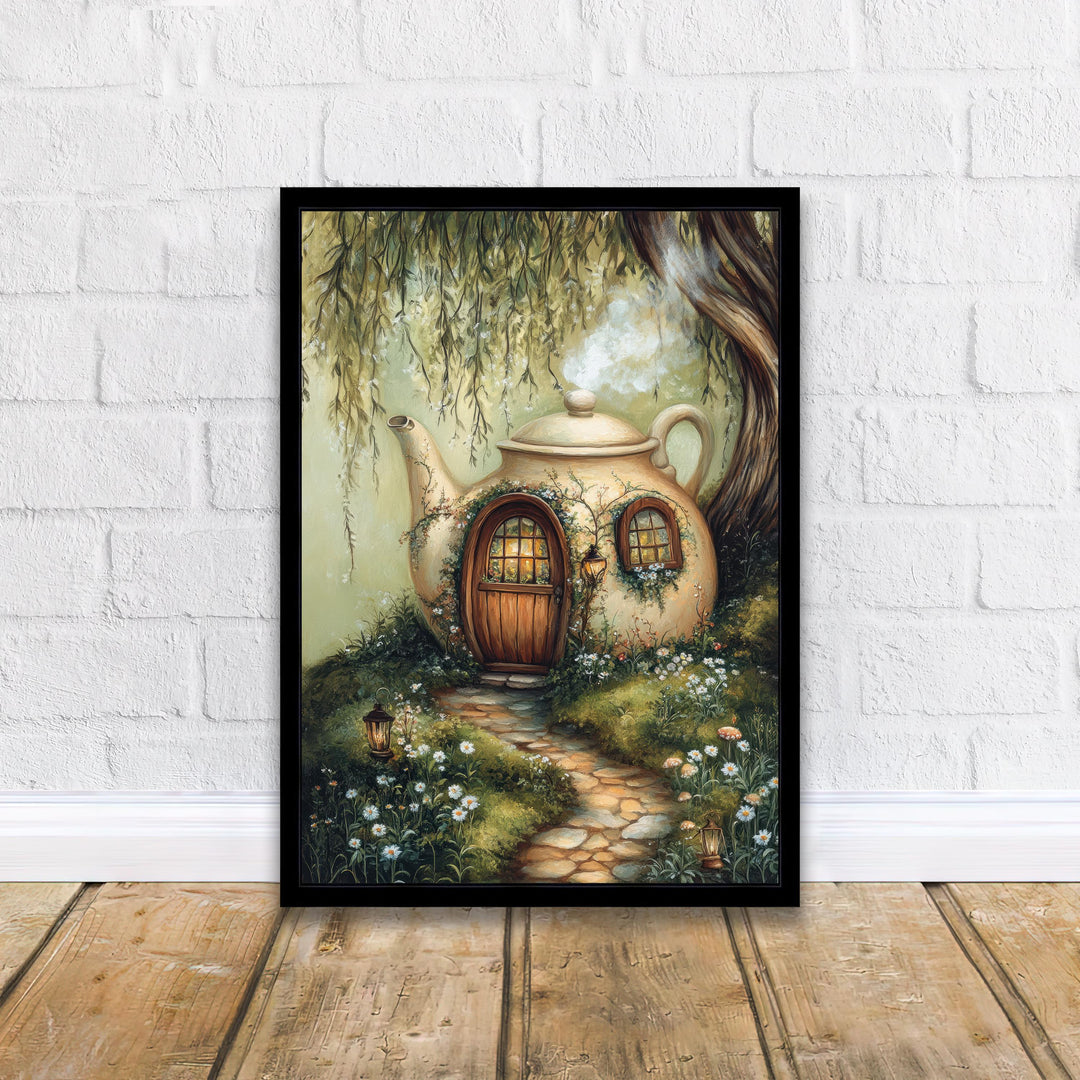 Teacup Fairycore House Art Print Cottagecore Decor Whimsical Garden Wall Art Vintage Nature Poster for Cozy Homes and Storybook Inspired