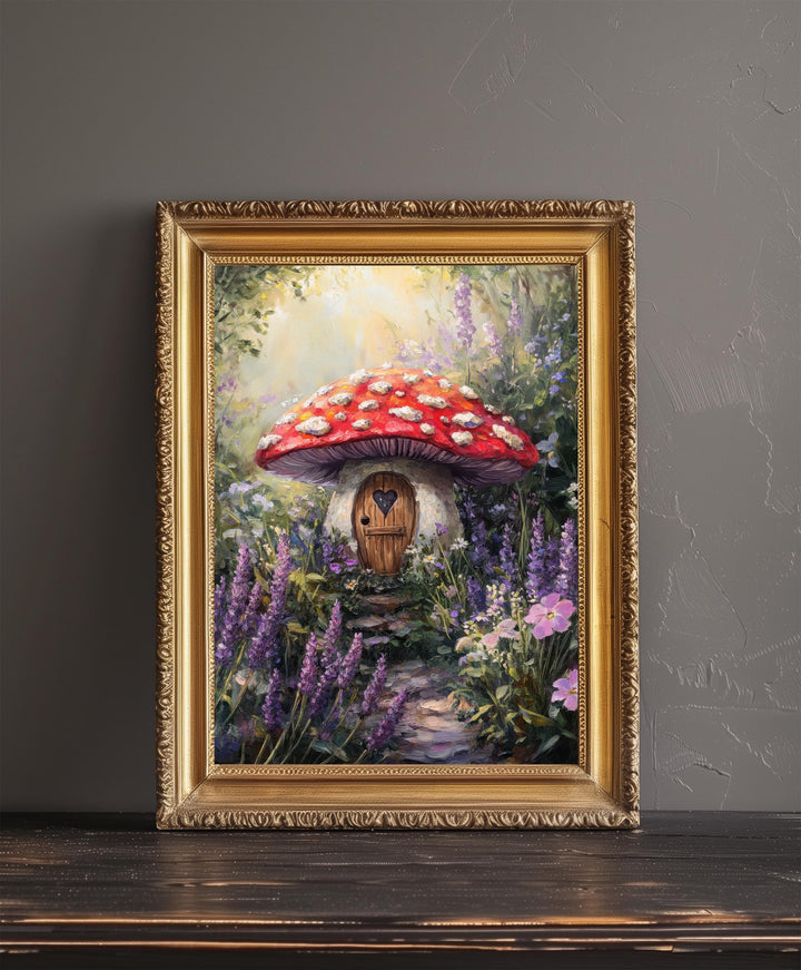 Fairycore Lavender Lance Toadstool House Art Print Cottagecore Decor Whimsical Mushroom Wall Art Vintage Nature Poster for Cozy Homes
