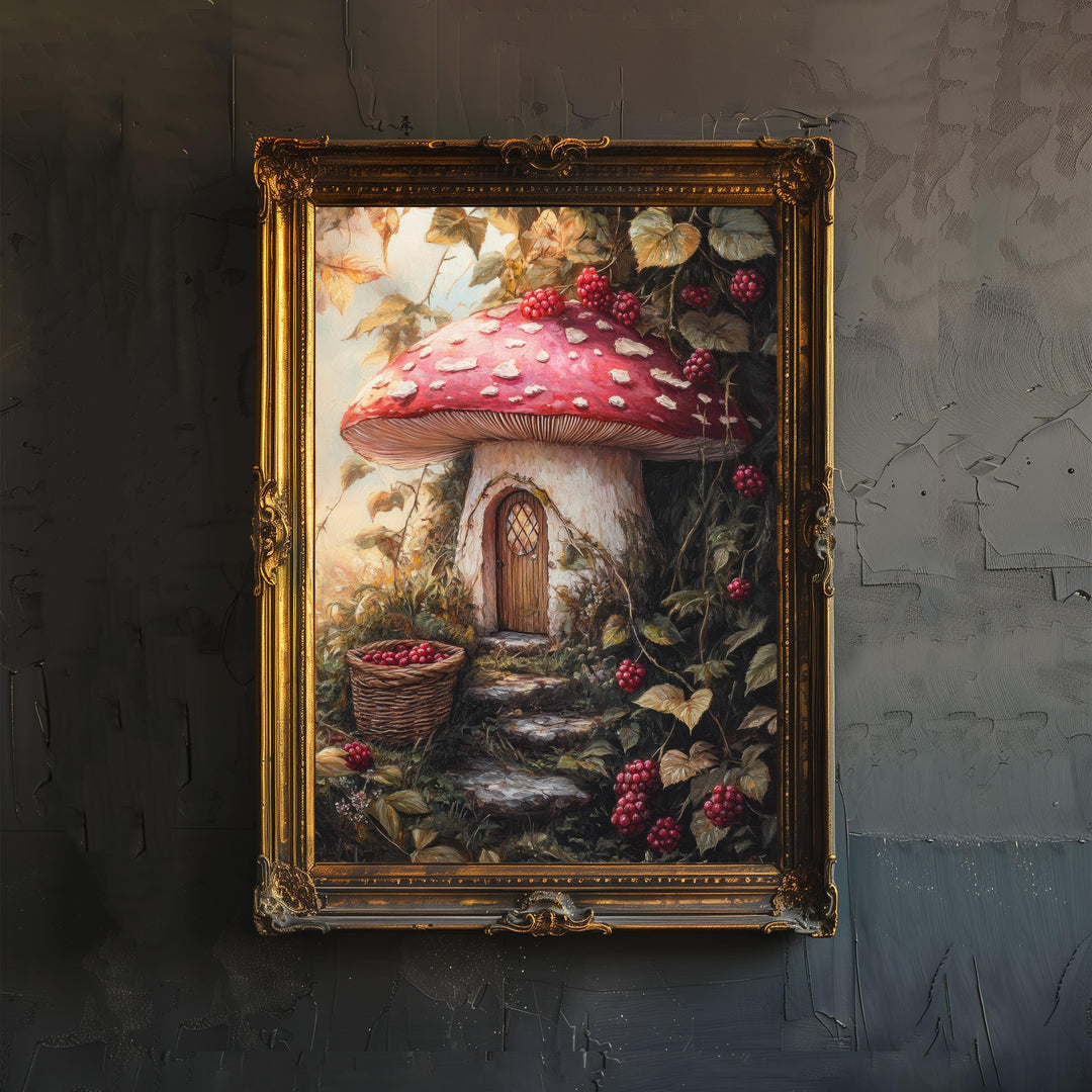 Raspberry Lane Toadstool Cottage Art Print Cottagecore Decor Whimsical Mushroom Wall Art Vintage Nature Poster for Cozy Homes and Garden