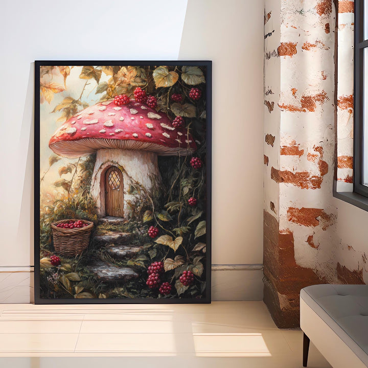 Raspberry Lane Toadstool Cottage Art Print Cottagecore Decor Whimsical Mushroom Wall Art Vintage Nature Poster for Cozy Homes and Garden