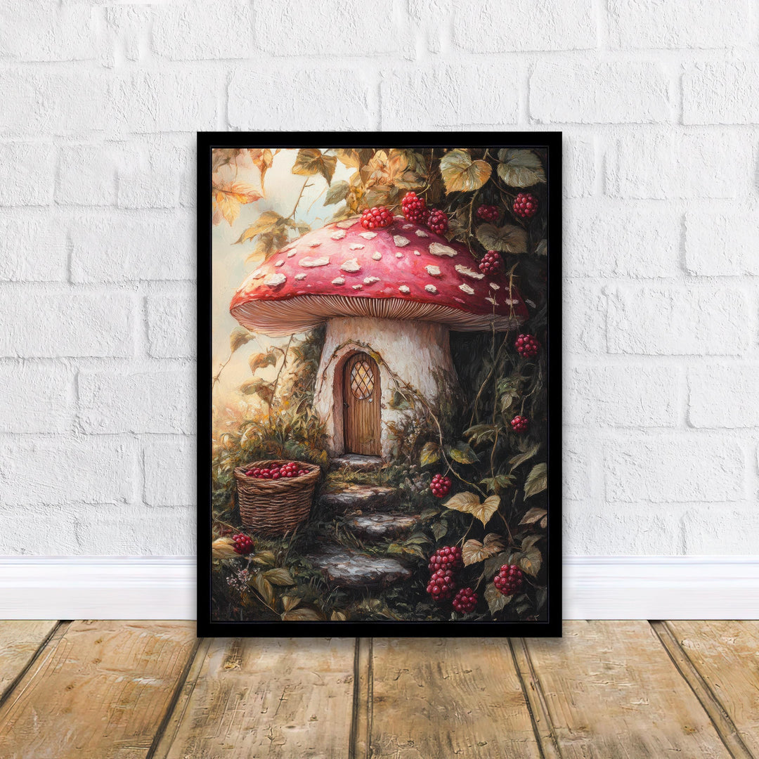 Raspberry Lane Toadstool Cottage Art Print Cottagecore Decor Whimsical Mushroom Wall Art Vintage Nature Poster for Cozy Homes and Garden