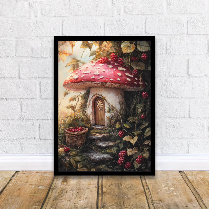 Raspberry Lane Toadstool Cottage Art Print Cottagecore Decor Whimsical Mushroom Wall Art Vintage Nature Poster for Cozy Homes and Garden