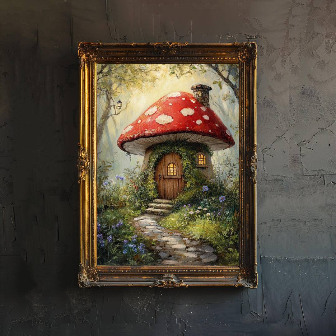 Fairycore Toadstool Cottage Art Print Cottagecore Decor Whimsical Mushroom Wall Art Vintage Nature Poster for Cozy Homes and Forest