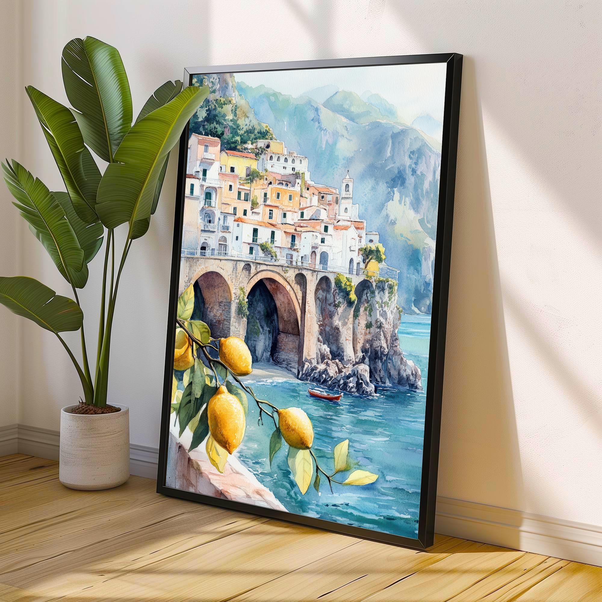 Amalfi Coast Watercolor Painting Italian Coastal Art Amalfi Poster Scenic Italy Watercolor Coastal Decor