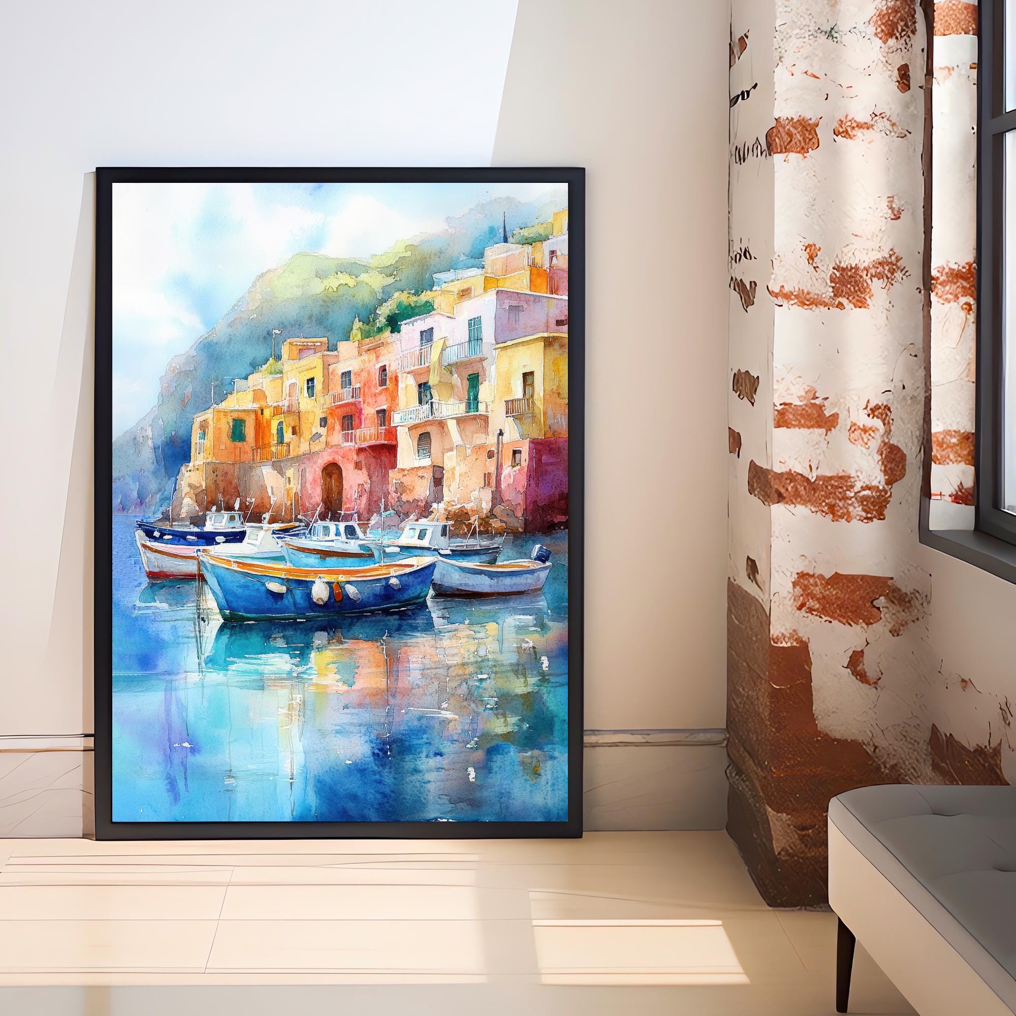 Capri Italy Watercolor Painting Italian Island Art Capri Poster Scenic Coastal Watercolor Italy Landscape Capri Beach Decor