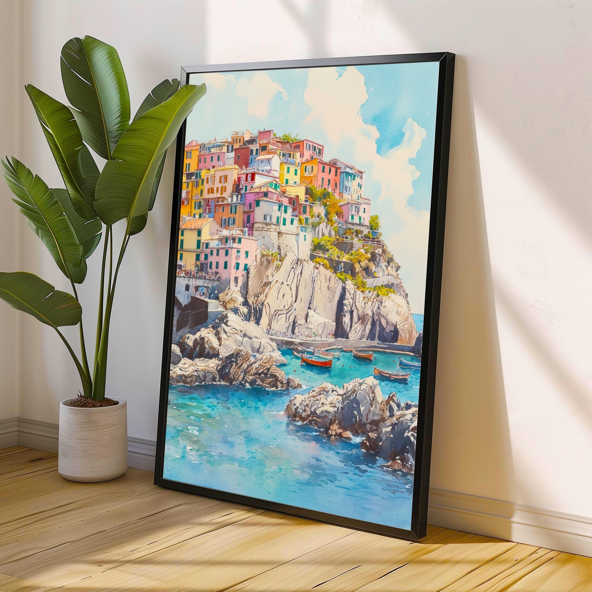 Cinque Terre Watercolor Painting Italian Coastal Art Cinque Terre Poster Scenic Italy Watercolor Village Decor