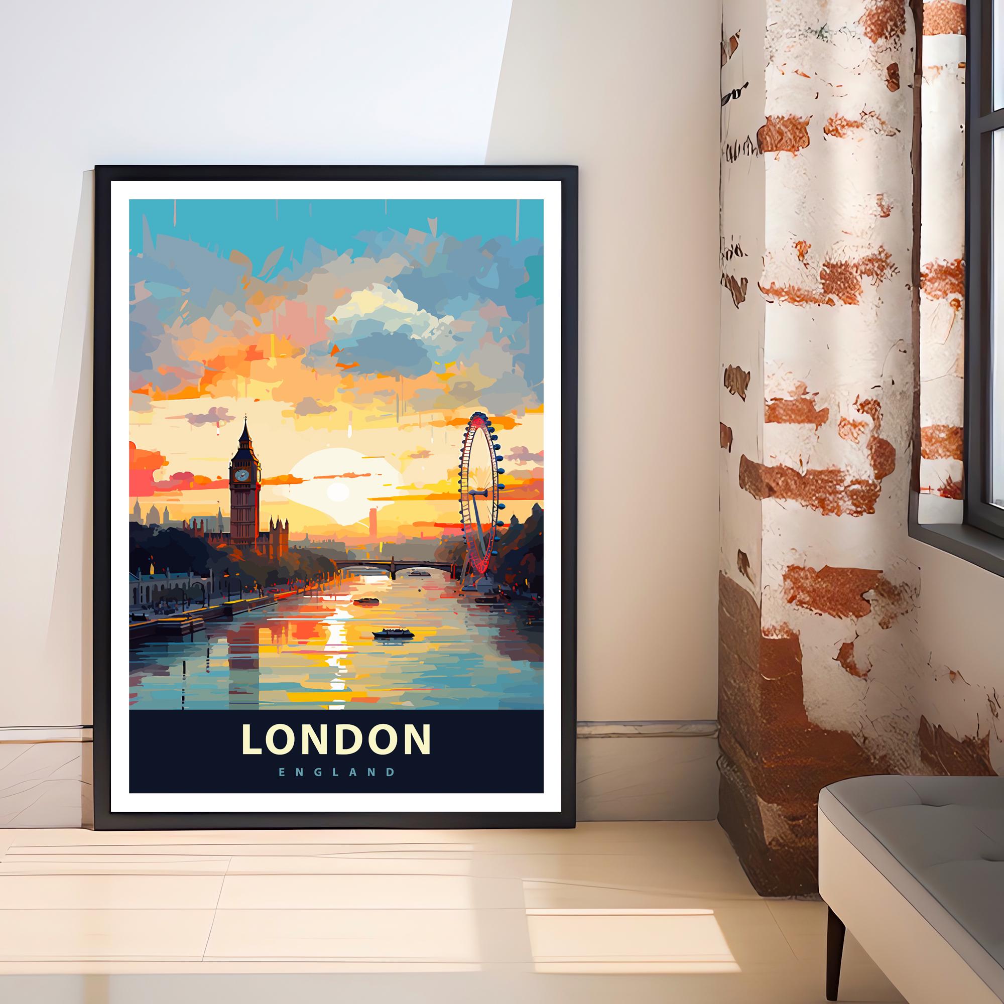 London Travel Poster UK City Art London Skyline Print Scenic London Poster Big Ben Decor London Wall Art