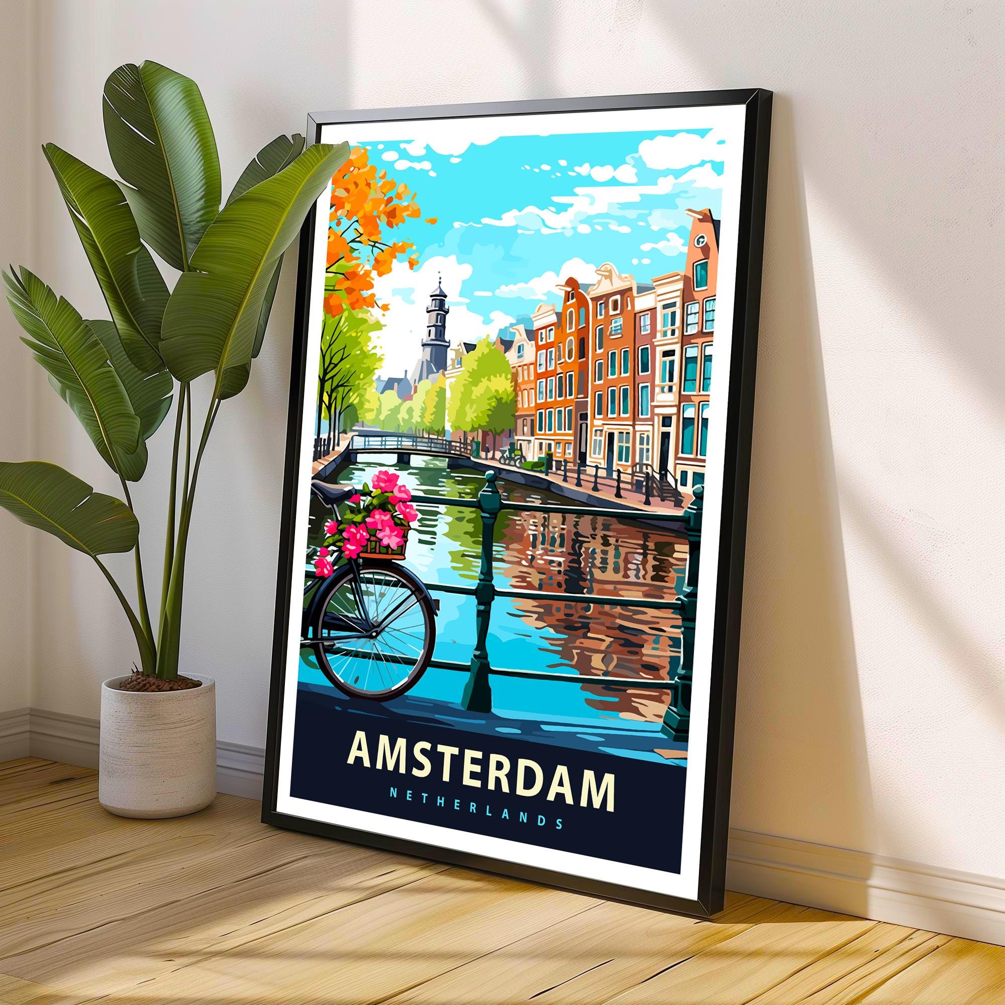 Amsterdam Travel Poster Dutch City Art Amsterdam Canal Poster Scenic Netherlands Poster Amsterdam