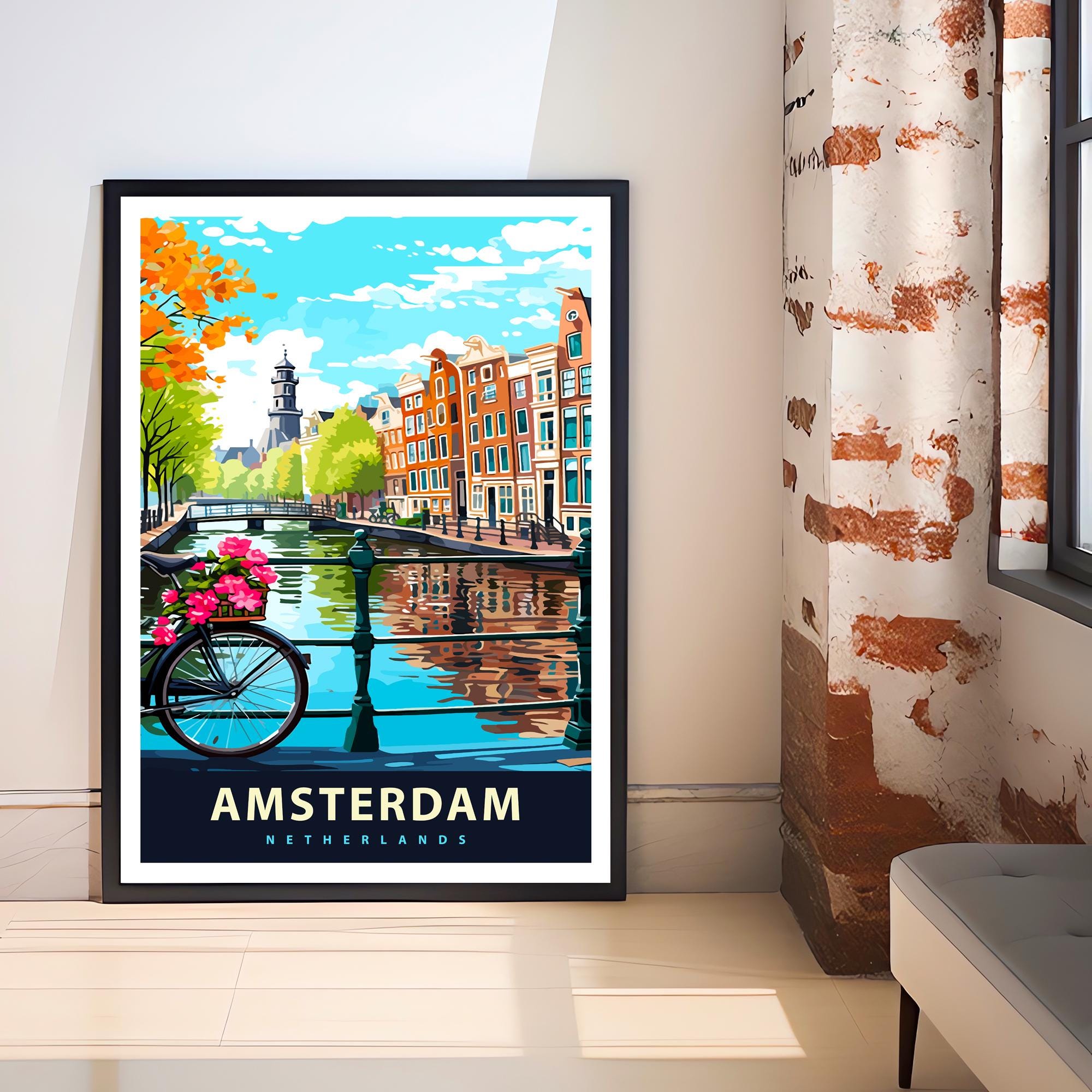 Amsterdam Travel Poster Dutch City Art Amsterdam Canal Poster Scenic Netherlands Poster Amsterdam