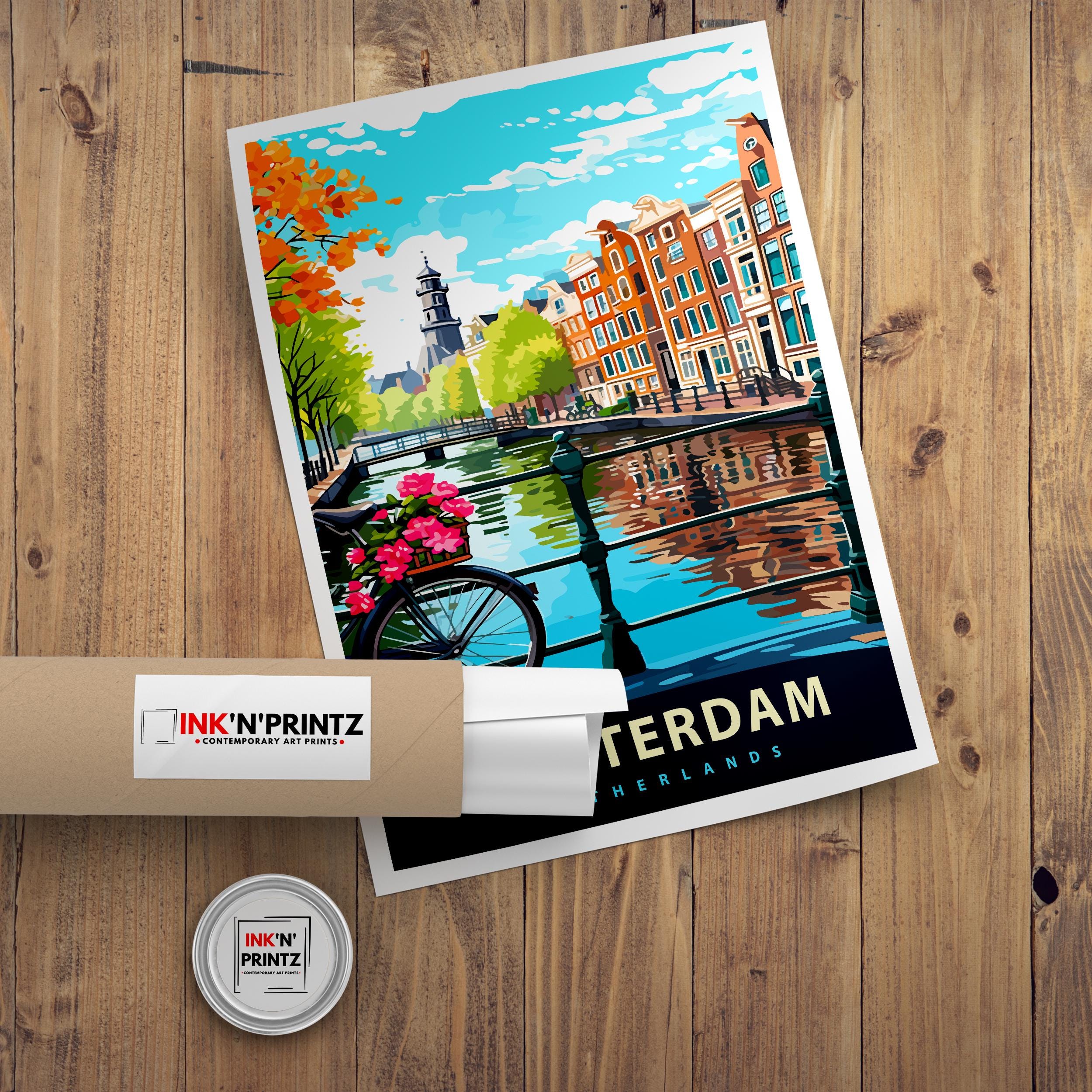 Amsterdam Travel Poster Dutch City Art Amsterdam Canal Poster Scenic Netherlands Poster Amsterdam