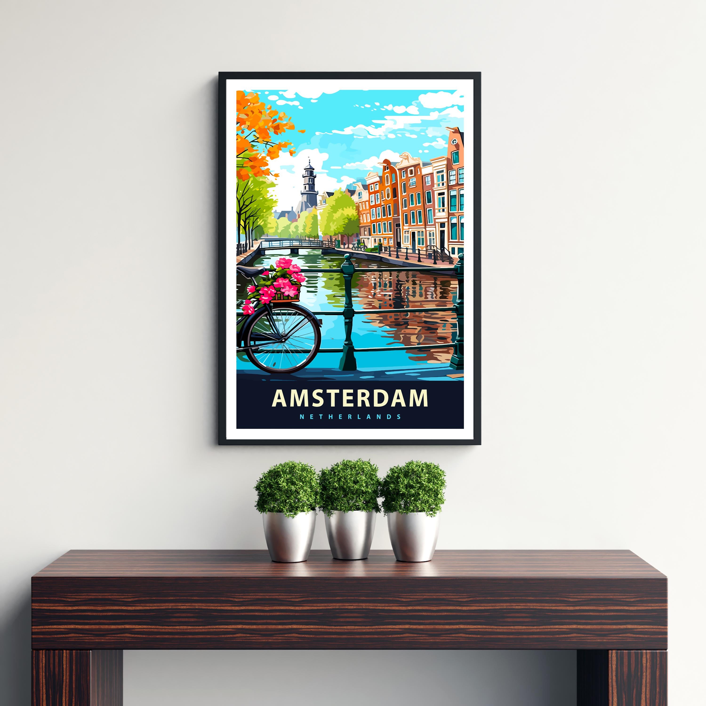 Amsterdam Travel Poster Dutch City Art Amsterdam Canal Poster Scenic Netherlands Poster Amsterdam