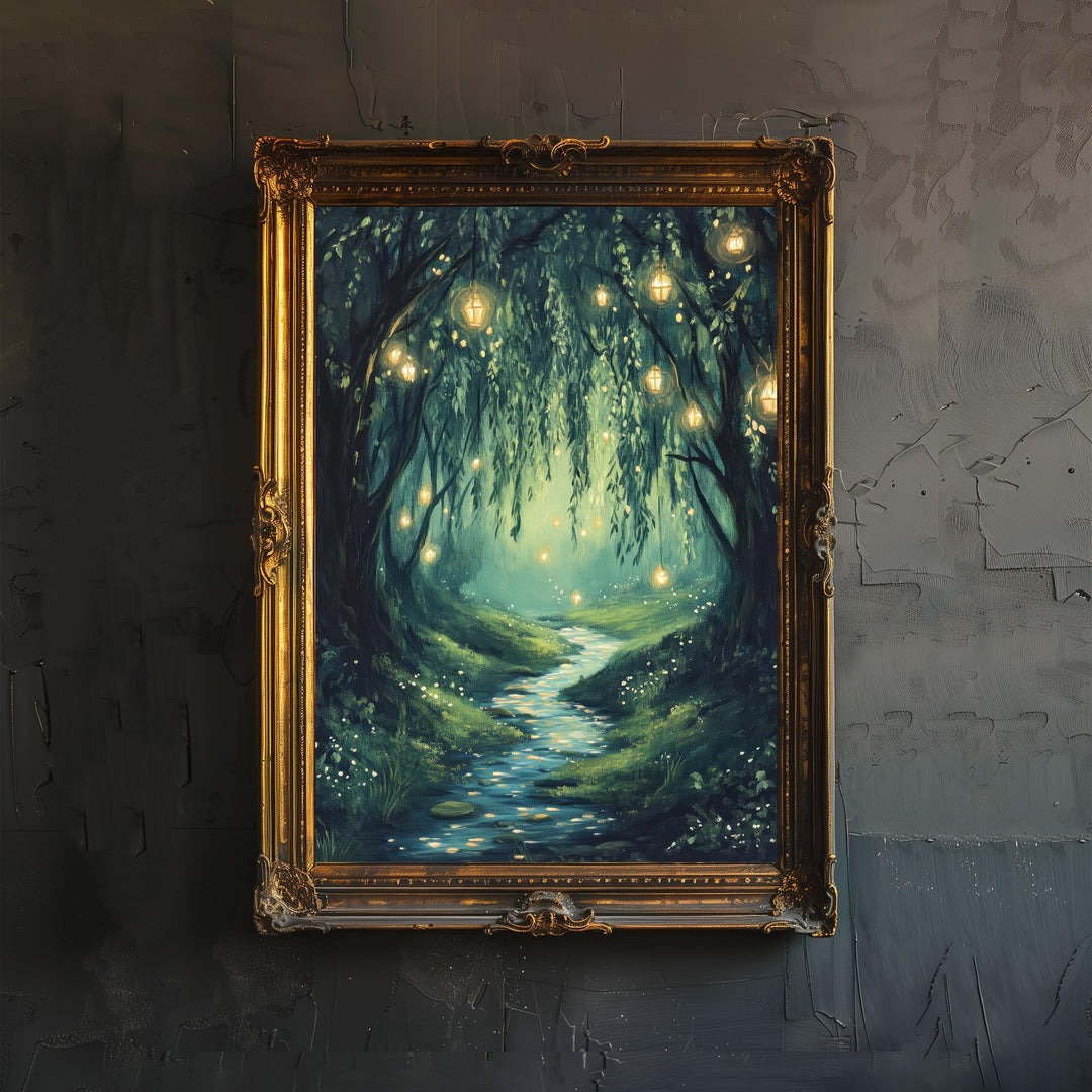 Fairy Willow Grove Art Print Cottagecore Decor Whimsical Woodland Wall Art Vintage Nature Poster for Cozy Homes and Forest Inspired Spaces