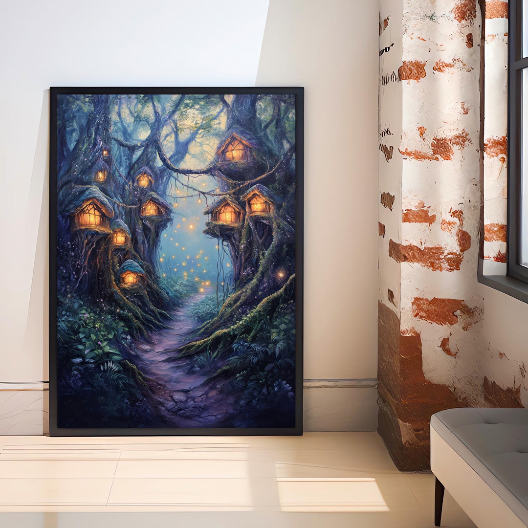 Twilight Fairy Hollow Art Print Cottagecore Decor Whimsical Woodland Wall Art Vintage Nature Poster for Cozy Homes and Forest Inspired