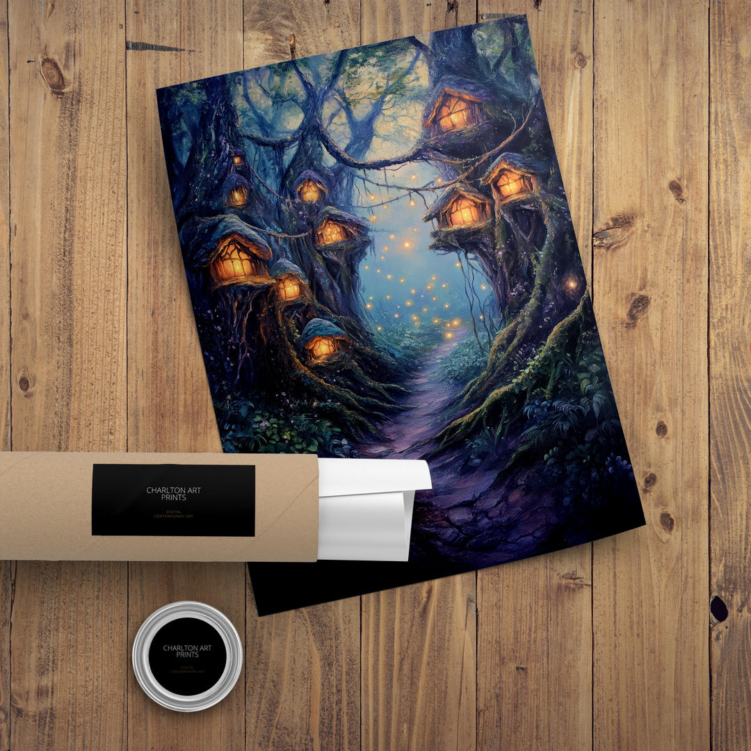 Twilight Fairy Hollow Art Print Cottagecore Decor Whimsical Woodland Wall Art Vintage Nature Poster for Cozy Homes and Forest Inspired