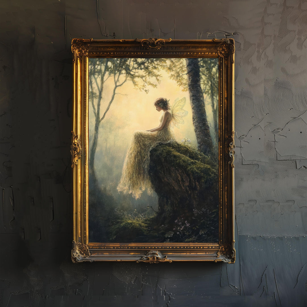 Fairy Dewdrop Woodland Art Print Cottagecore & Dark Academia Decor Whimsical Forest Wall Art Vintage Nature Poster for Enchanted Rustic