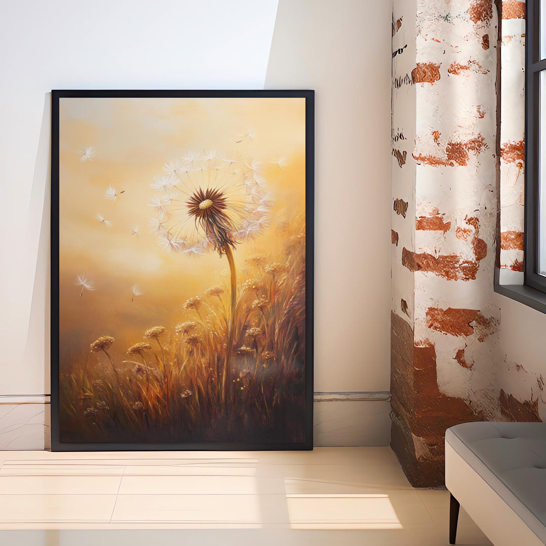 Dandelion Seeds Floating Art Print Cottagecore Decor Whimsical Nature Wall Art Vintage Botanical Poster for Rustic Home and Nature Inspired