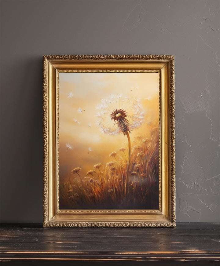 Dandelion Seeds Floating Art Print Cottagecore Decor Whimsical Nature Wall Art Vintage Botanical Poster for Rustic Home and Nature Inspired