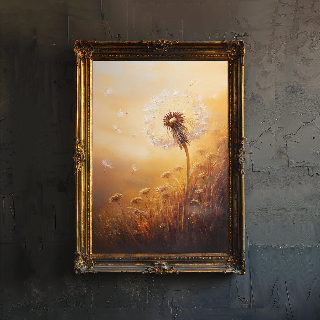 Dandelion Seeds Floating Art Print Cottagecore Decor Whimsical Nature Wall Art Vintage Botanical Poster for Rustic Home and Nature Inspired