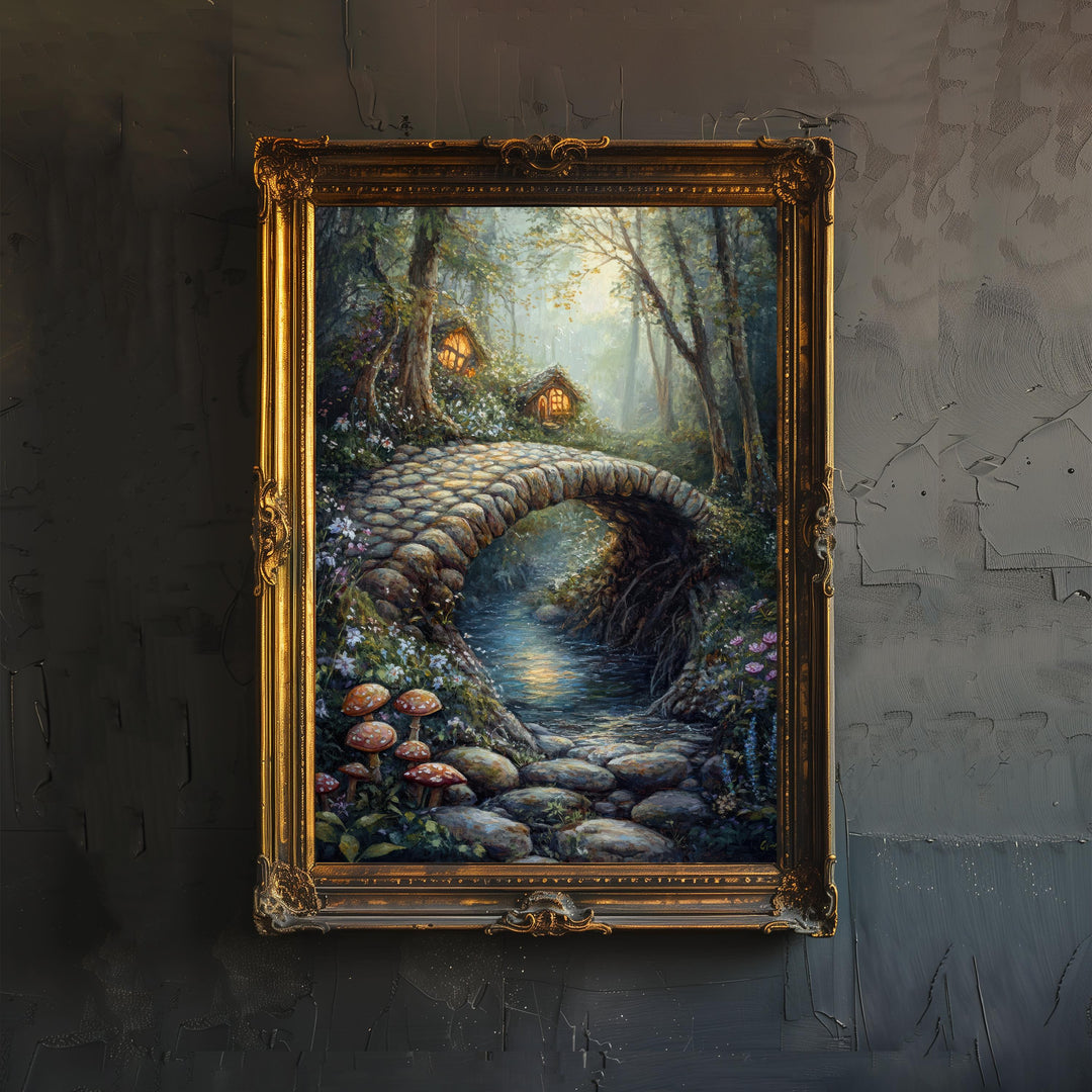 Fairy Pebble Bridge Art Print Cottagecore Decor Whimsical Woodland Wall Art Vintage Nature Poster for Rustic Home and Nature Inspired Spaces
