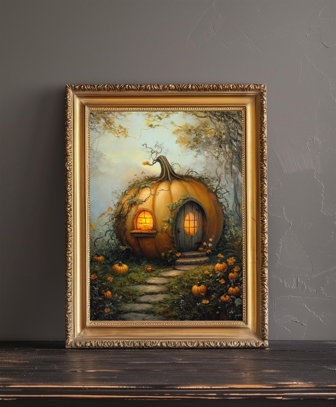 Pumpkin Patch Cottage Art Print Cottagecore Decor Rustic Autumn Wall Art Vintage Nature Poster for Cozy Homes and Seasonal Inspired Spaces