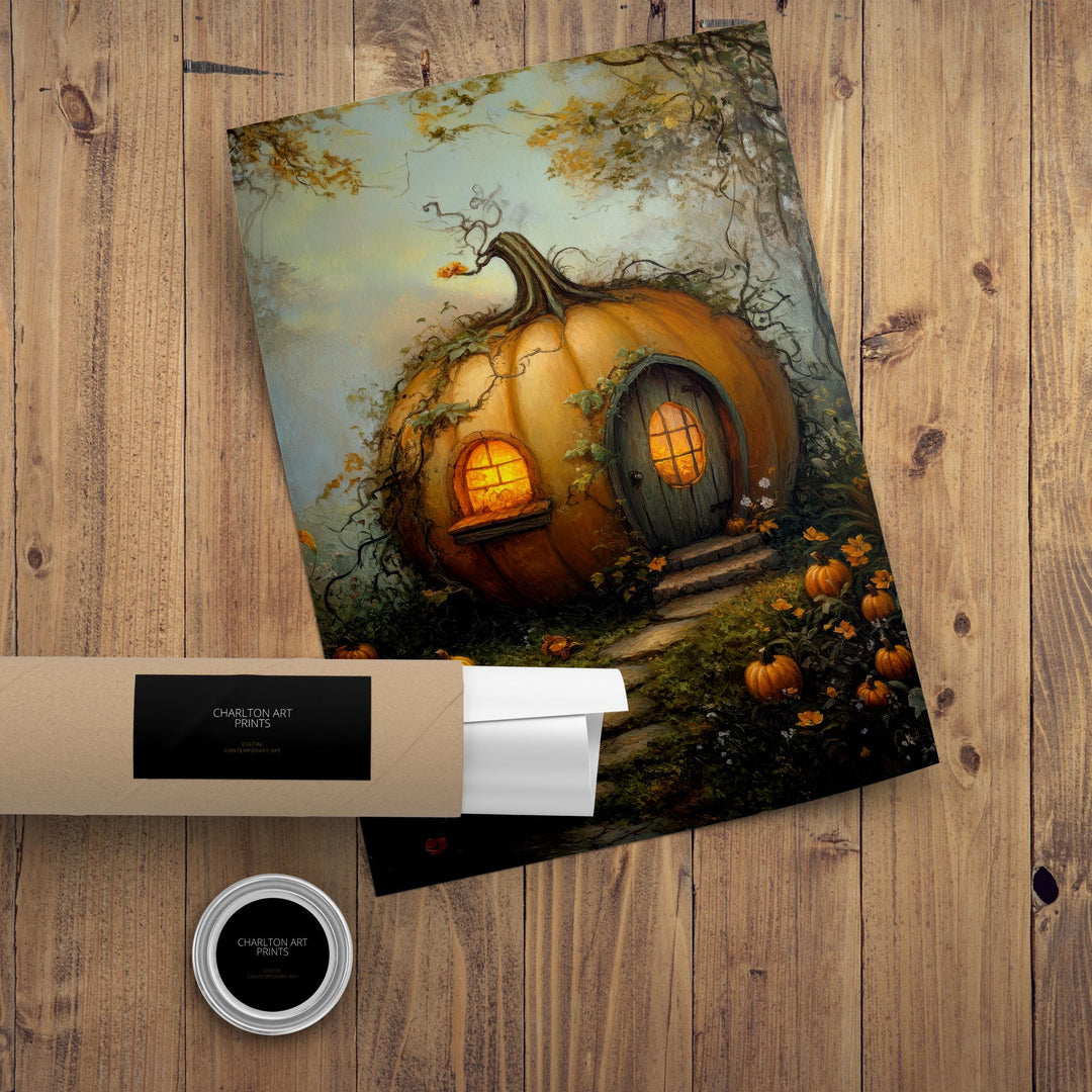 Pumpkin Patch Cottage Art Print Cottagecore Decor Rustic Autumn Wall Art Vintage Nature Poster for Cozy Homes and Seasonal Inspired Spaces