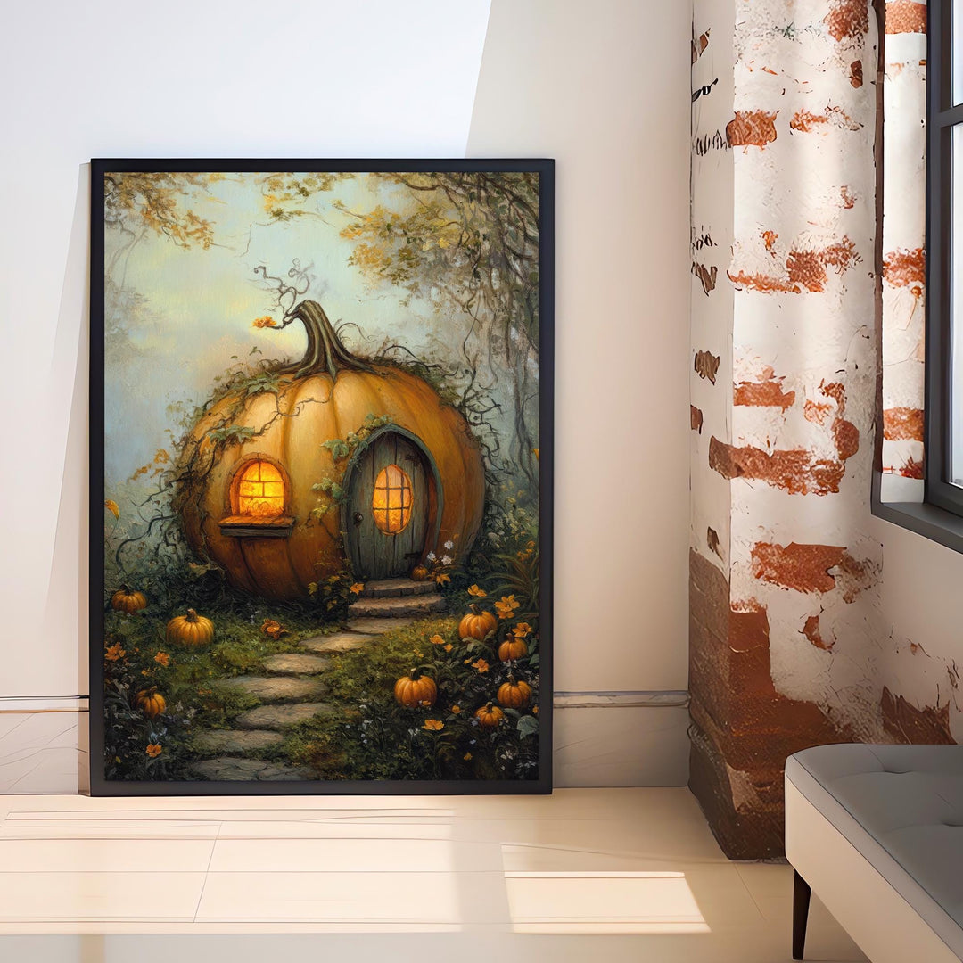 Pumpkin Patch Cottage Art Print Cottagecore Decor Rustic Autumn Wall Art Vintage Nature Poster for Cozy Homes and Seasonal Inspired Spaces
