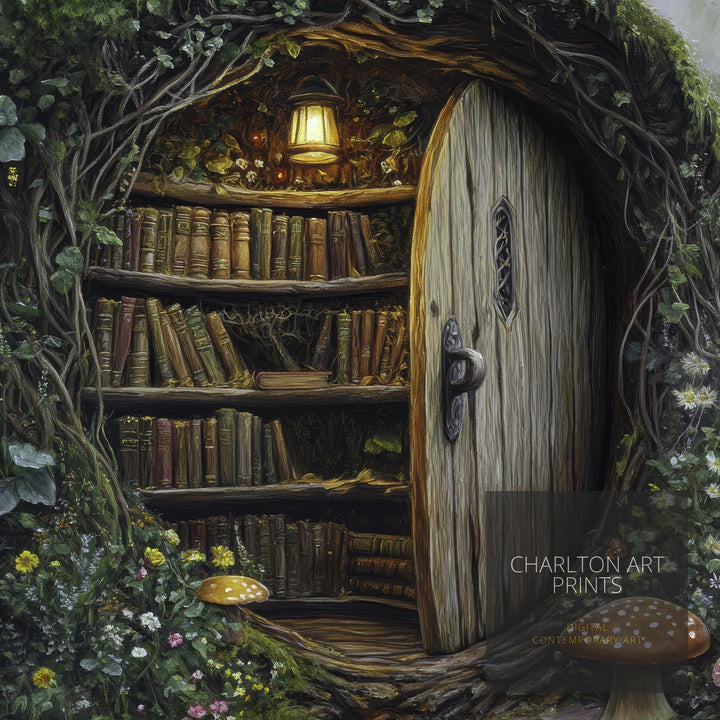 Moss Covered Library Art Print Cottagecore Decor Enchanted Bookish Wall Art Vintage Nature Poster for Cozy Homes and Nature Inspired Spaces