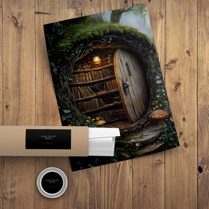 Moss Covered Library Art Print Cottagecore Decor Enchanted Bookish Wall Art Vintage Nature Poster for Cozy Homes and Nature Inspired Spaces