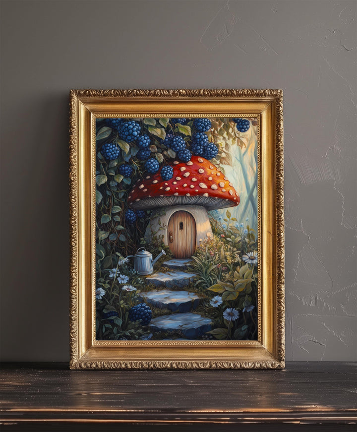 Fairycore Blueberry Thicket House Art Print Cottagecore Decor Whimsical Woodland Wall Art Vintage Nature Poster for Cozy Homes and Garden