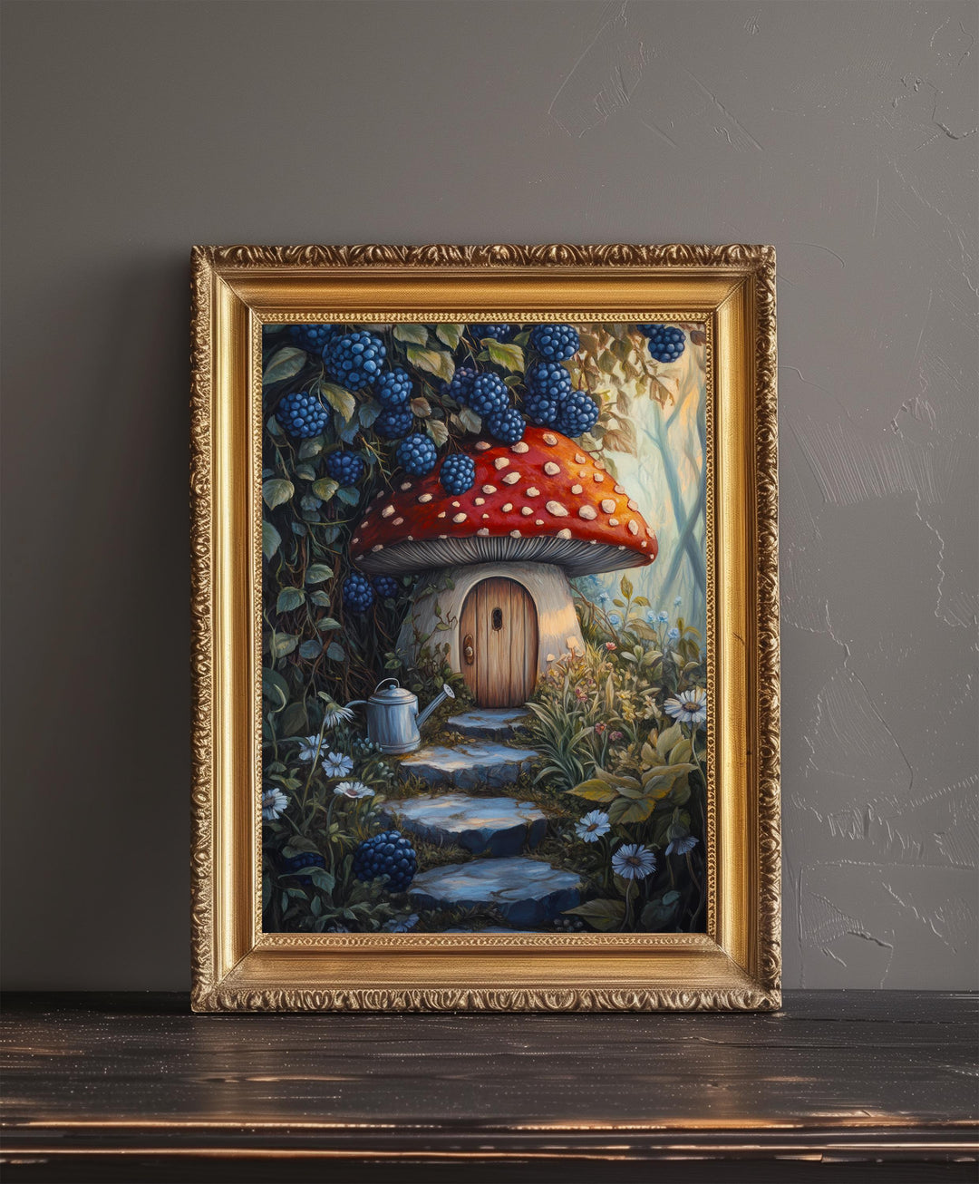Fairycore Blueberry Thicket House Art Print Cottagecore Decor Whimsical Woodland Wall Art Vintage Nature Poster for Cozy Homes and Garden